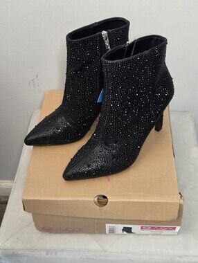 Sugar Vecna Black Crystal Embellished Pointed Toe Ankle Boots, Sz 7.5, NIB